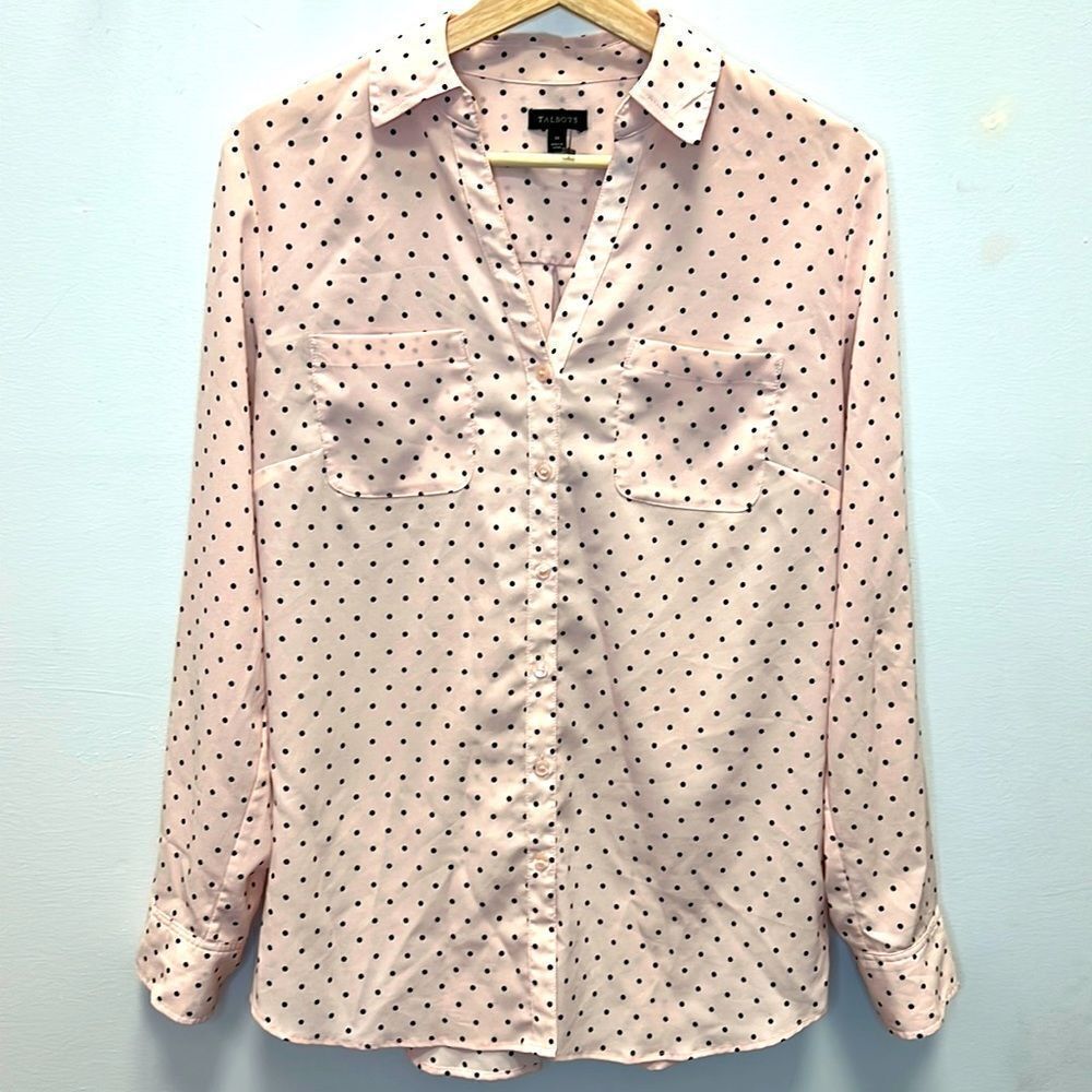 Talbots Women’s Pink Button Up Long Sleeve Blouse Black Polka Dots Size Medium
